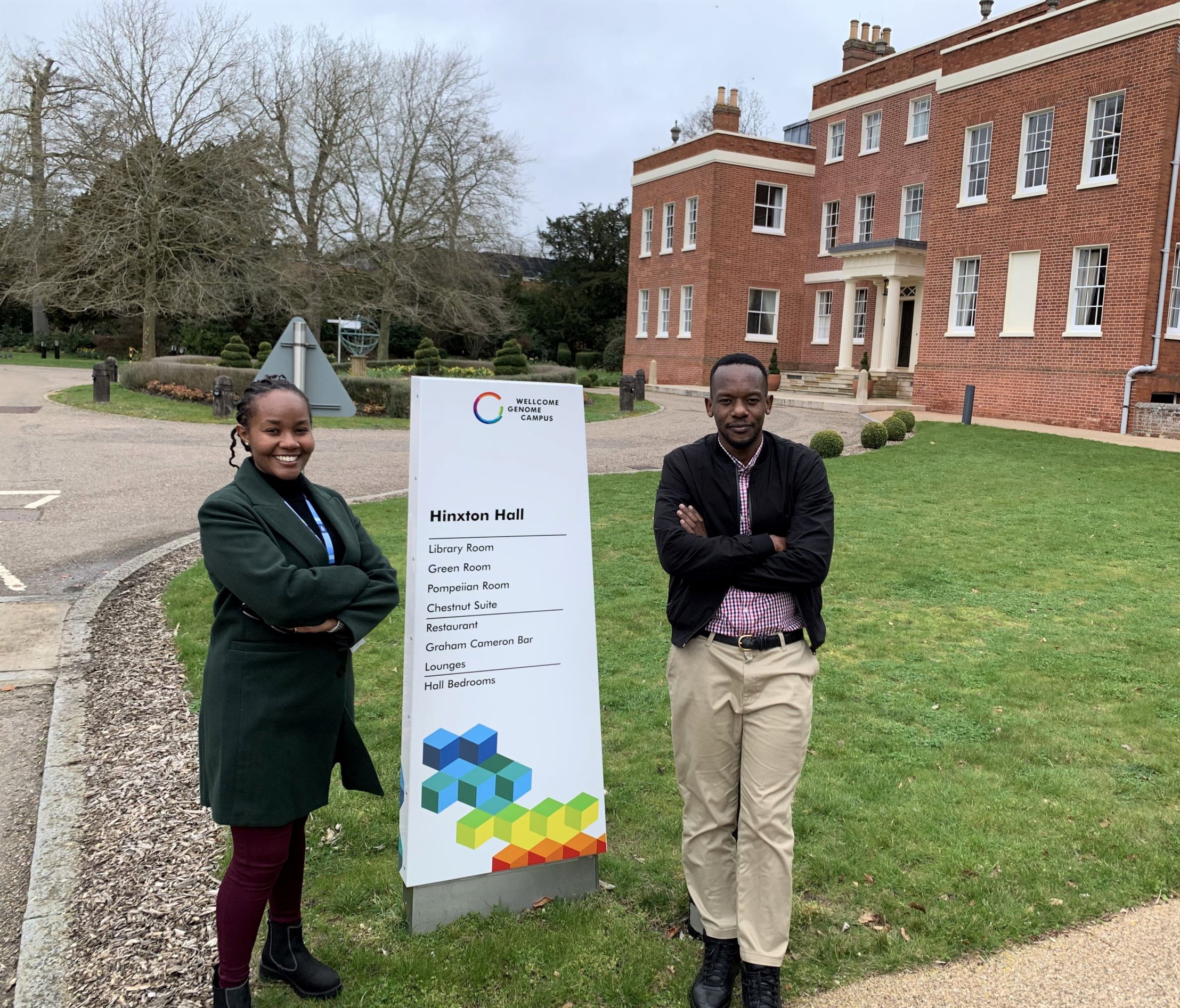 Jane (left) and Edward (right) at Hinxton Hall, Wellcome Genome Campus
